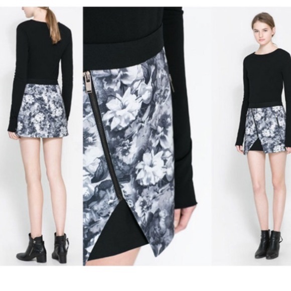 Zara Basic Black & White Floral Envelope Asymmetrical Zipper Detail Skirt - Picture 4 of 16